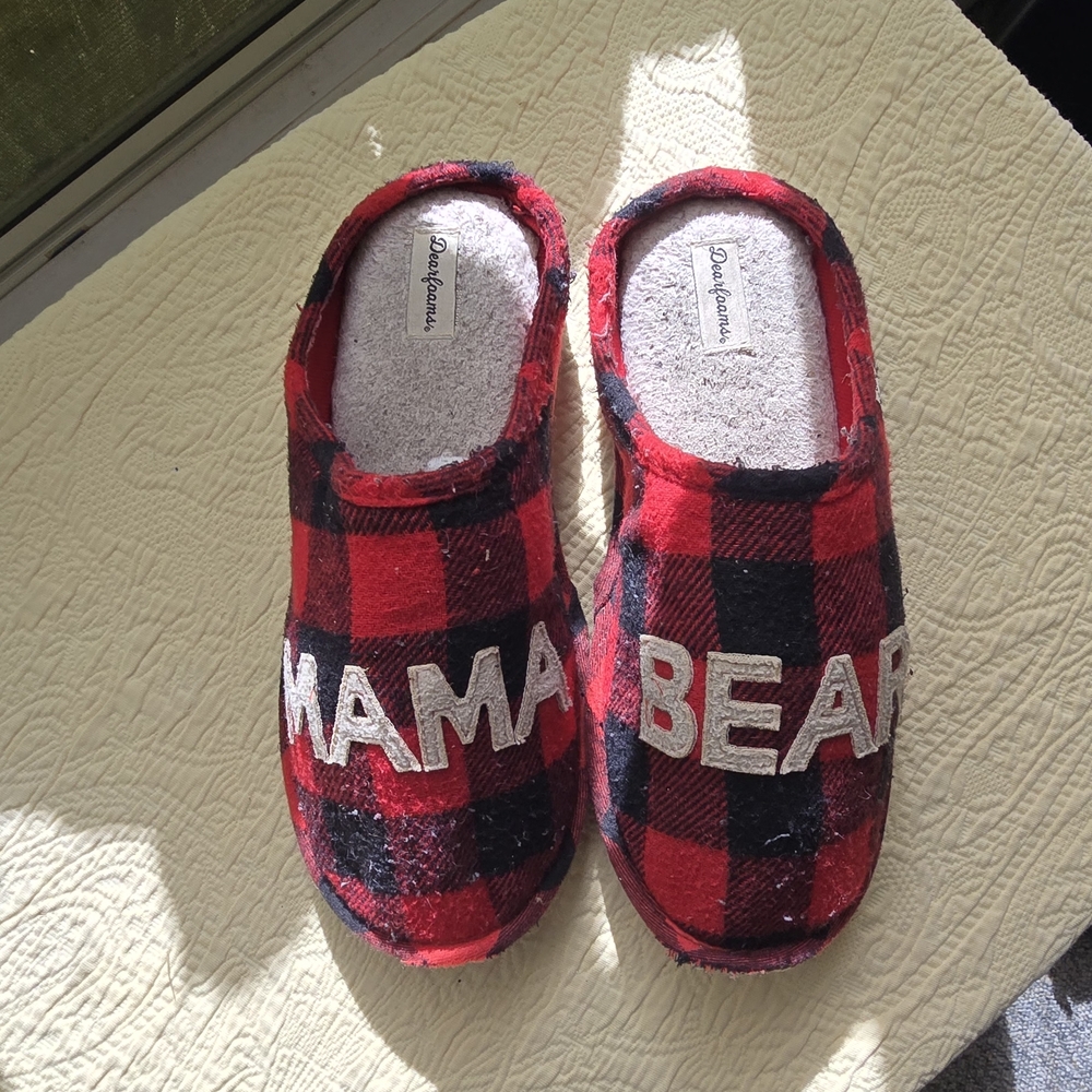 Dearfoams Red and Black Plaid Mama Bear Slippers